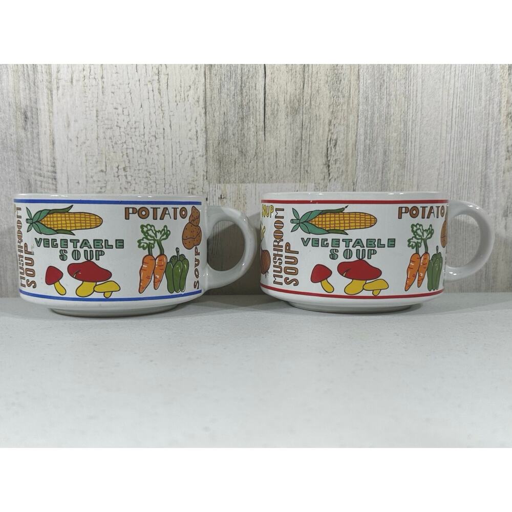 Tomato Vegetable Potato Stackable Soup Cup Mug Bowl Set Vintage Retro‎ Kitchy